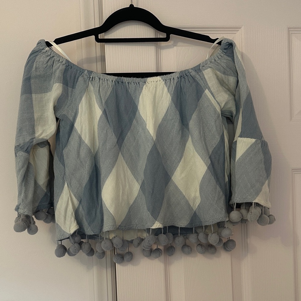 Tularosa Blue and Cream Off-Shoulder cropped Blouse